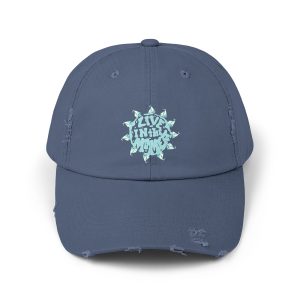 Distressed sailing cap with aquamarine snowflake symbol and “Live in the Moment” text