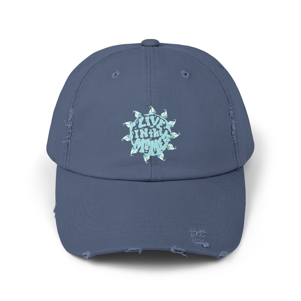 Distressed sailing cap with aquamarine snowflake symbol and “Live in the Moment” text