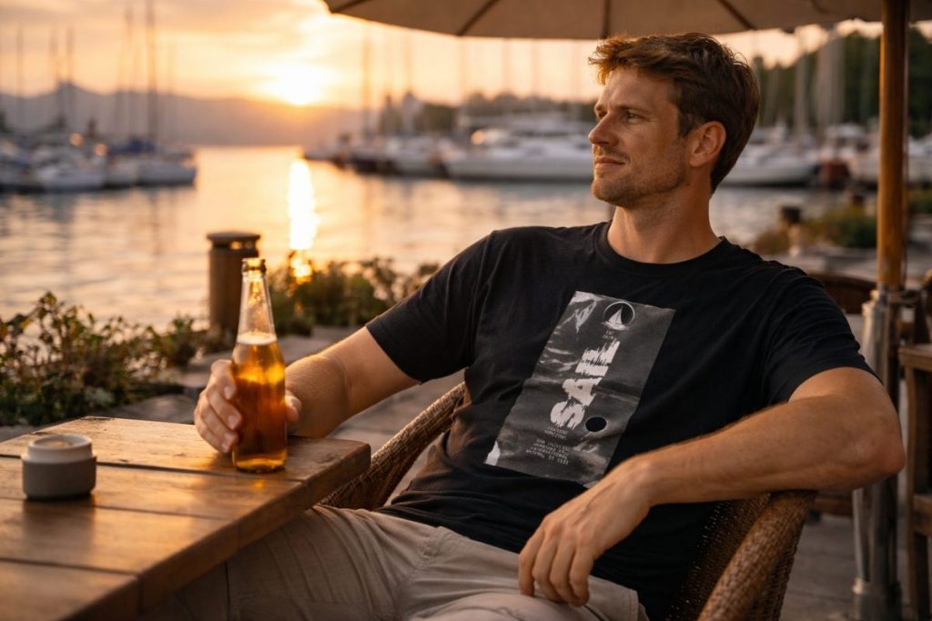minimalist ocean lifestyle sailor relaxing wearing simple coastal clothing
