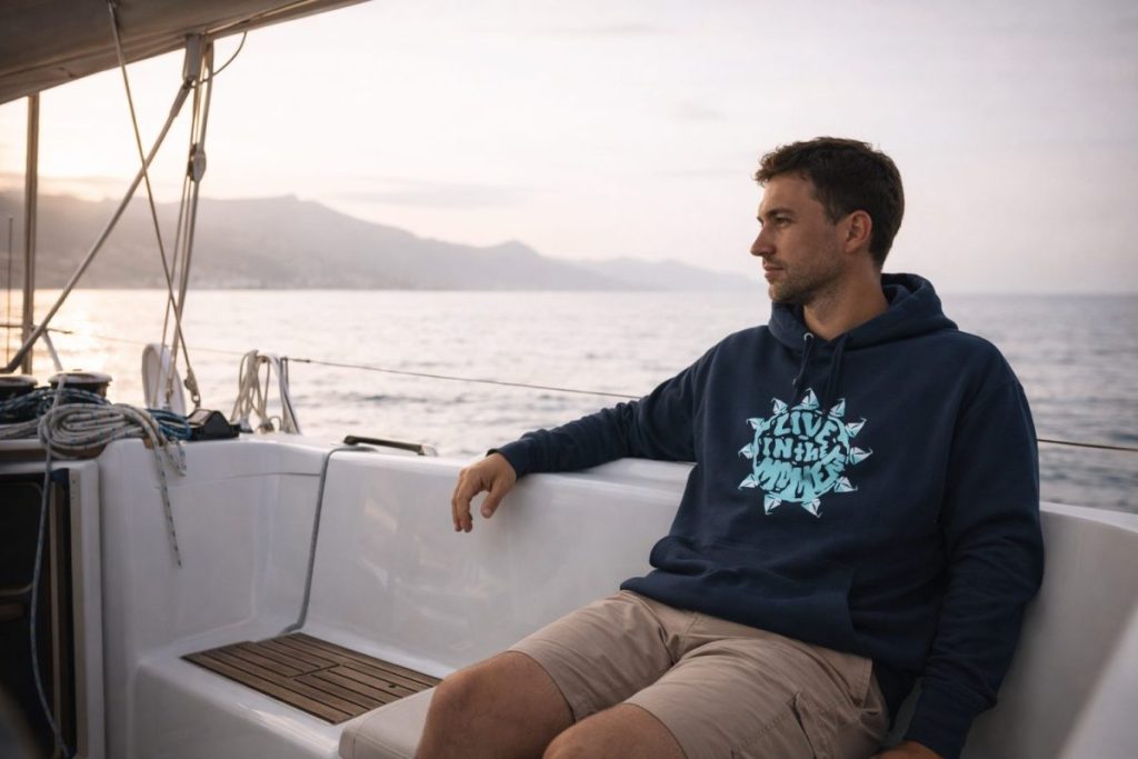 minimalist sailing style sailor wearing neutral clothing on sailboat