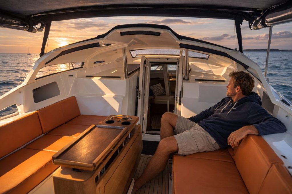 sailor mindset lifestyle calm sailor sitting on sailboat cockpit looking at horizon