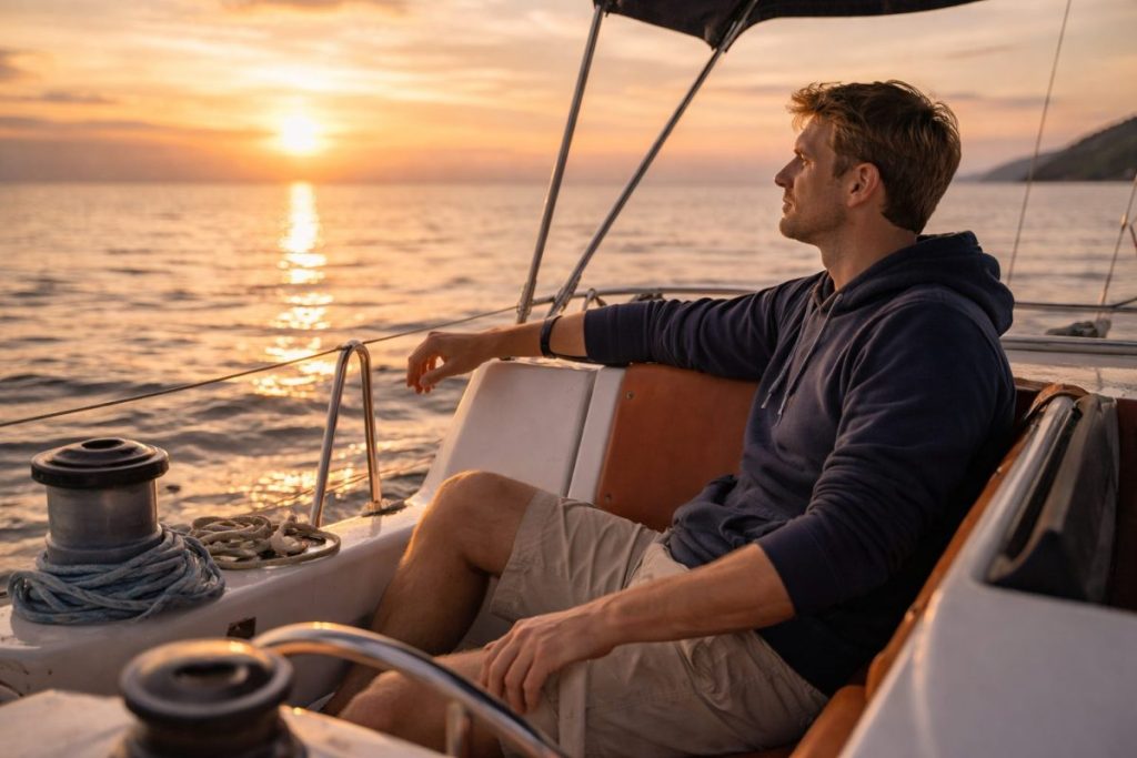 Sailing lifestyle philosophy - A single sailor quietly steering or sitting in the cockpit, looking toward the horizon.