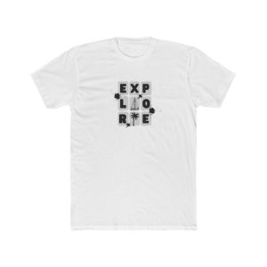 Sailors t-shirt with Explore graphic featuring compass, mountain, tent, and palm icons