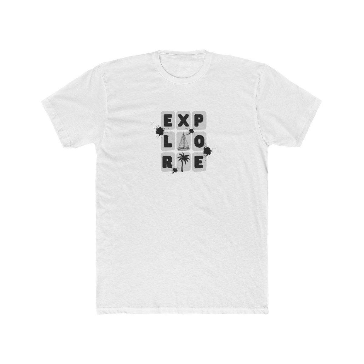 Sailors t-shirt with Explore graphic featuring compass, mountain, tent, and palm icons
