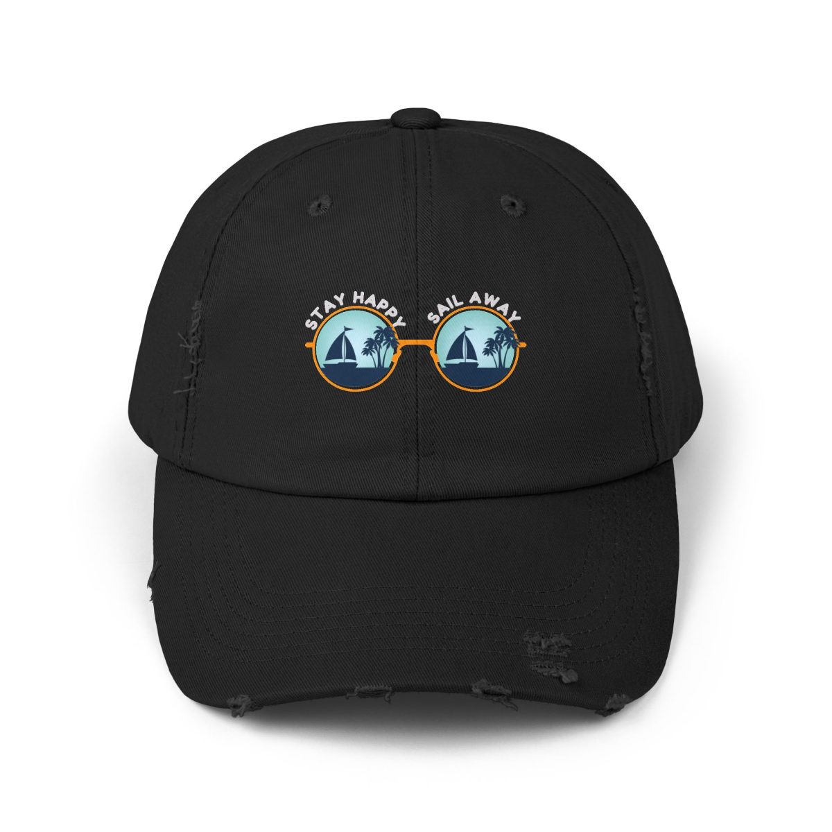 Distressed sailing cap Stay Happy Sail Away sunglasses graphic