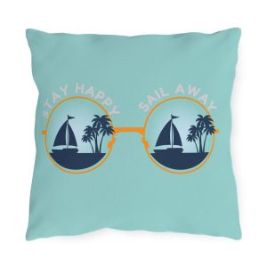 Waterproof pillow for boats with sailboat sunglasses graphic and “Stay Happy, Sail Away” text