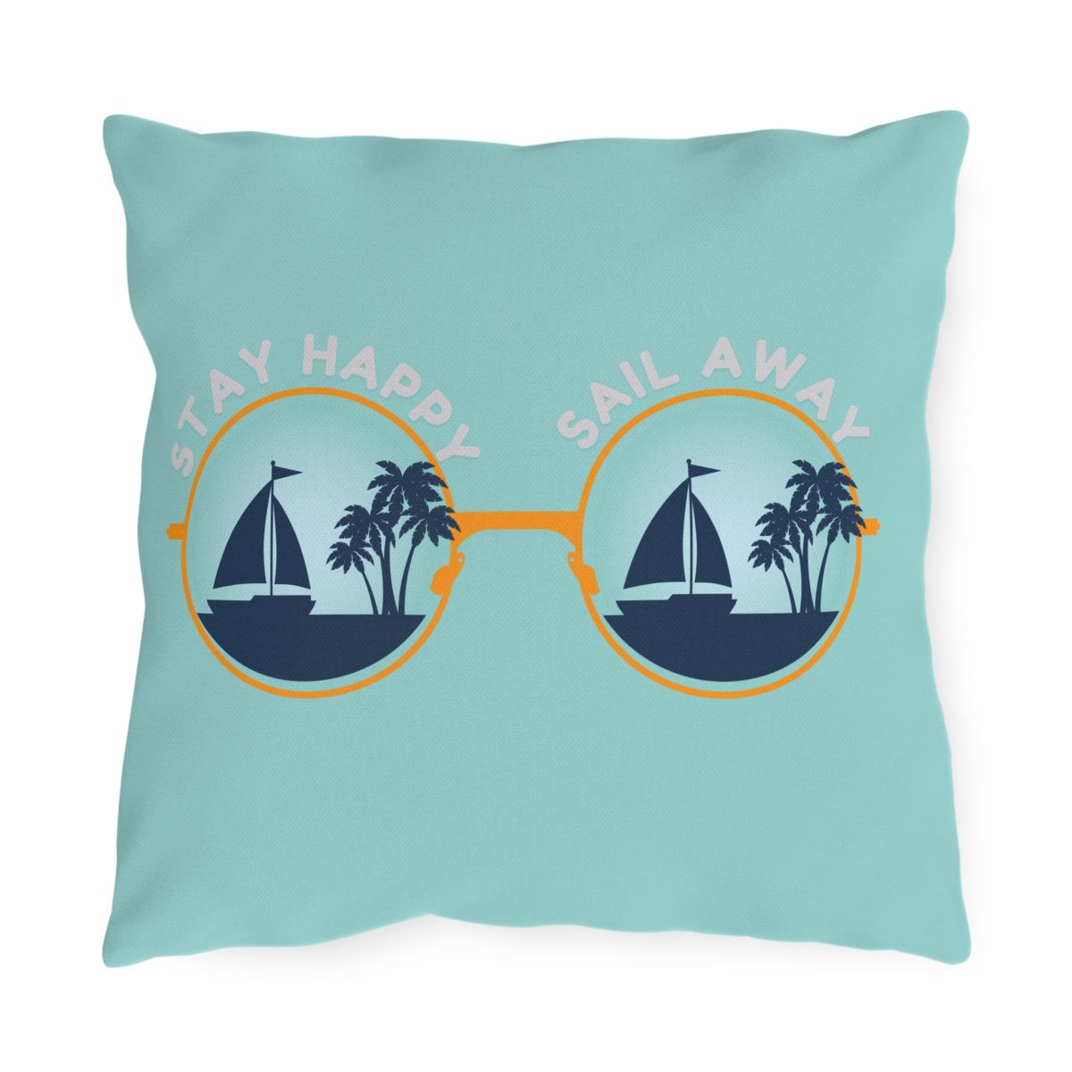Waterproof pillow for boats with sailboat sunglasses graphic and “Stay Happy, Sail Away” text