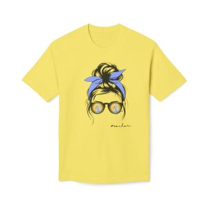 Yellow sailor t-shirt featuring woman with sunglasses reflecting sailboats and hashtag sailor design
