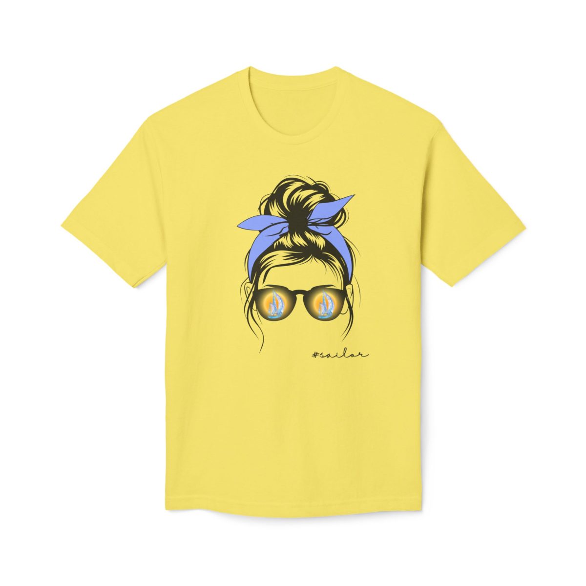 Yellow sailor t-shirt featuring woman with sunglasses reflecting sailboats and hashtag sailor design