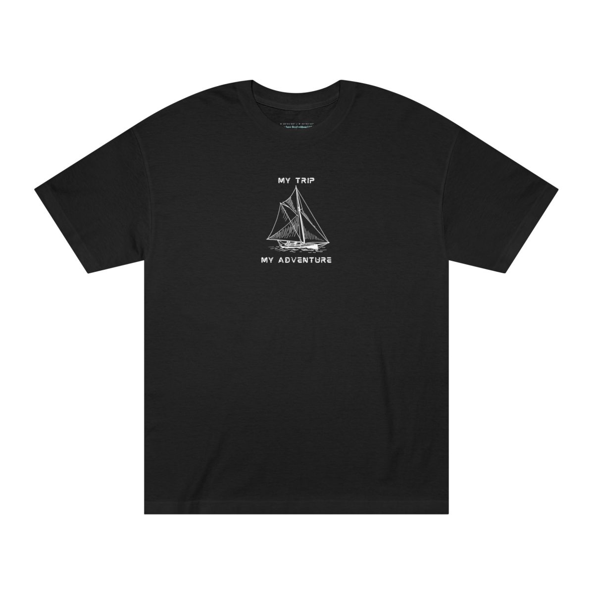 Black casual sailing t-shirt with sailboat sketch and My Trip My Adventure text